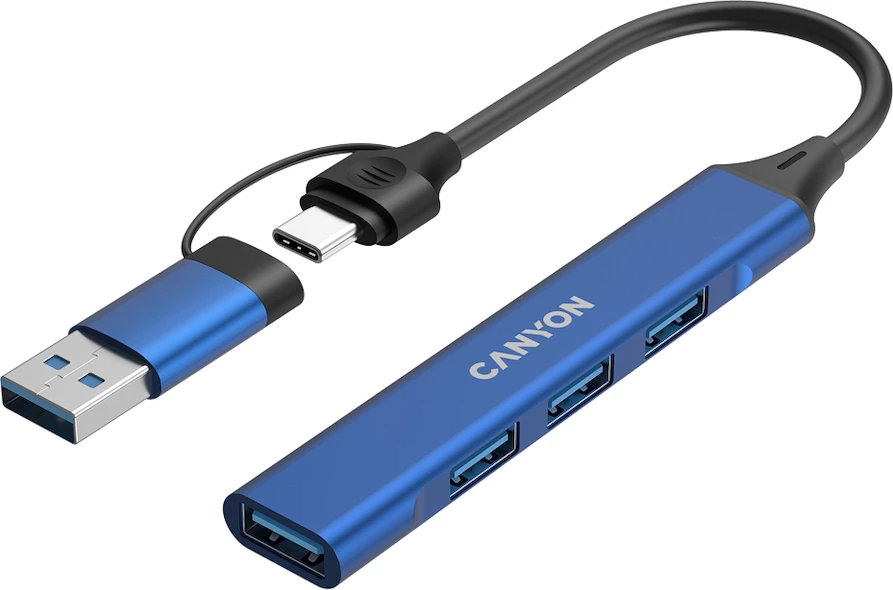 Hub USB CANYON DS-02 4-në-1, USB-C në 4x USB-A (1x USB 3.0 + 3x USB 2.0), kabllo 15 cm, Blu