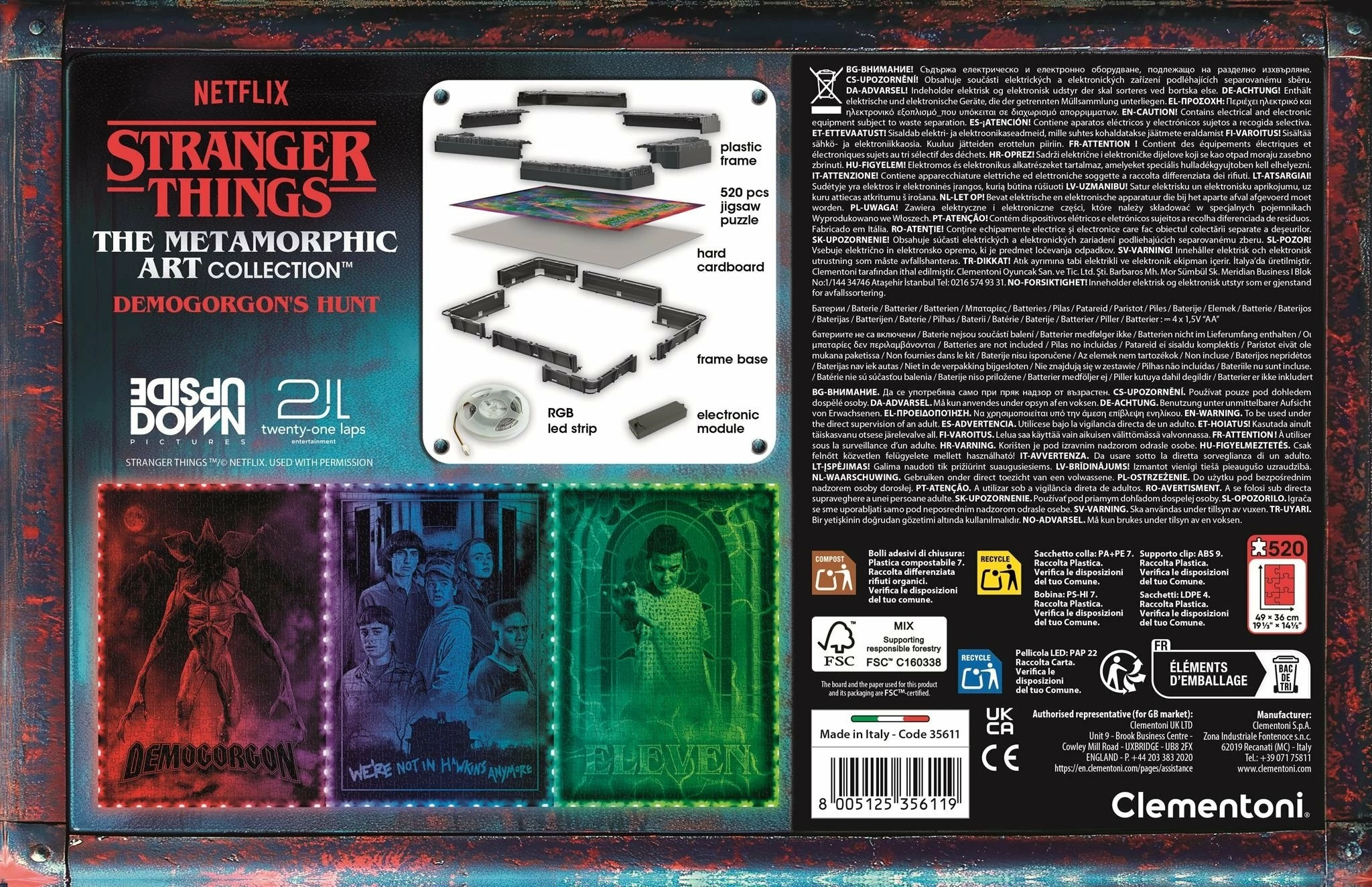 Puzzle Clementoni Metamorphic Art Collection Stranger Things Demogorgon 520 pjesë (35611), glow in the dark, me kornizë dhe RGB LED