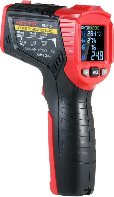 Termometër infrakuq (pirometër) Habotest HT651D, D:S 12:1, -50°C–800°C, termoelement K, matje lagështie & pikë vese