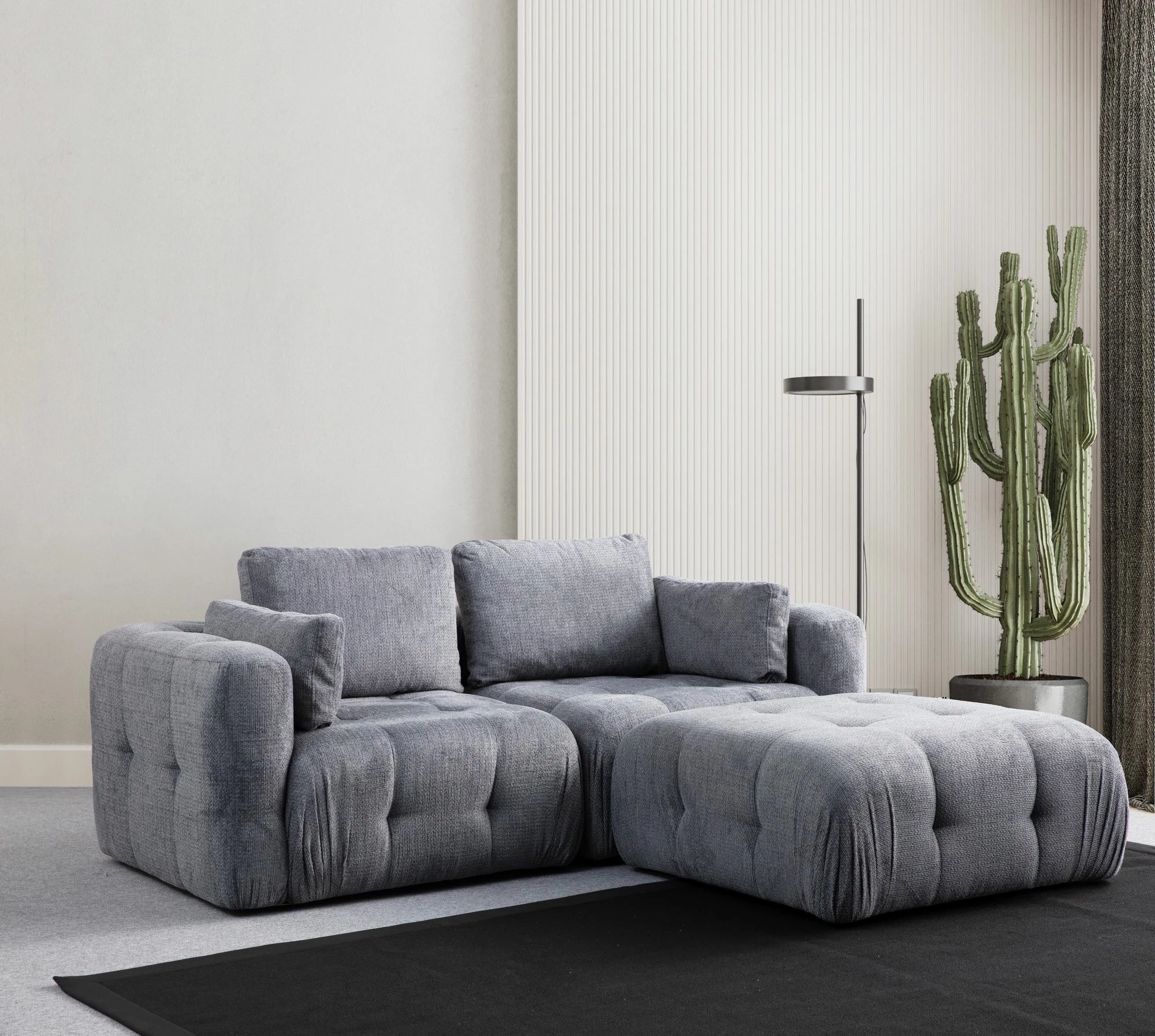 Kënd-sofë Amaris, 2 vendësh me pouffe, ngjyrë gri