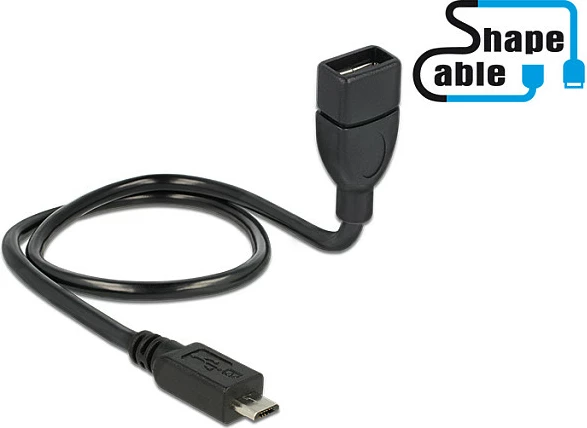Kabllo USB OTG DeLOCK ShapeCable, Micro-USB B në USB-A, 0.5m, e zezë