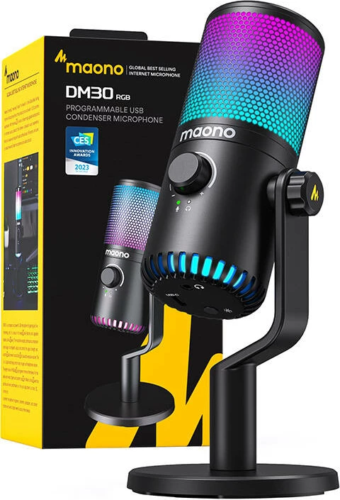 Mikrofon gaming Maono DM30RGB, kondensator, kardioid, me ndriçim RGB, i zi