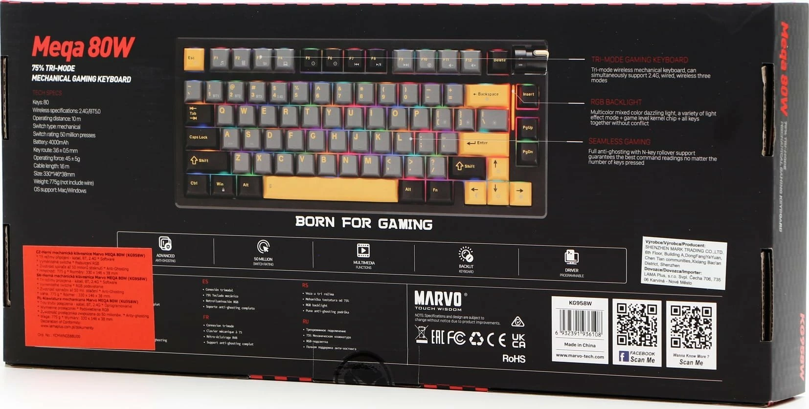 Tastierë gaming Marvo Meqa 80W KG958W, mekanike 75%, RGB, Hot-Swap, USB-C/Bluetooth/2.4GHz, Strawberry Jam (red), e zezë me theks të verdhë