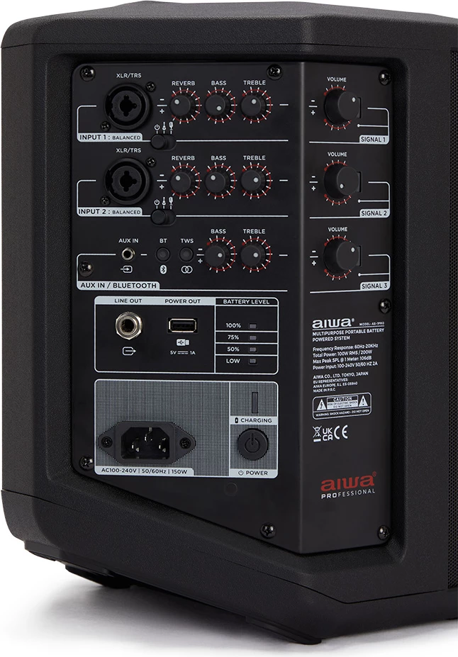 Altoparlant portativ aktiv Aiwa AX-1PRO 100W RMS Bluetooth 5.0 me bateri, mikser 3-kanalësh me reverb, TWS, 6.5\" woofer, i zi