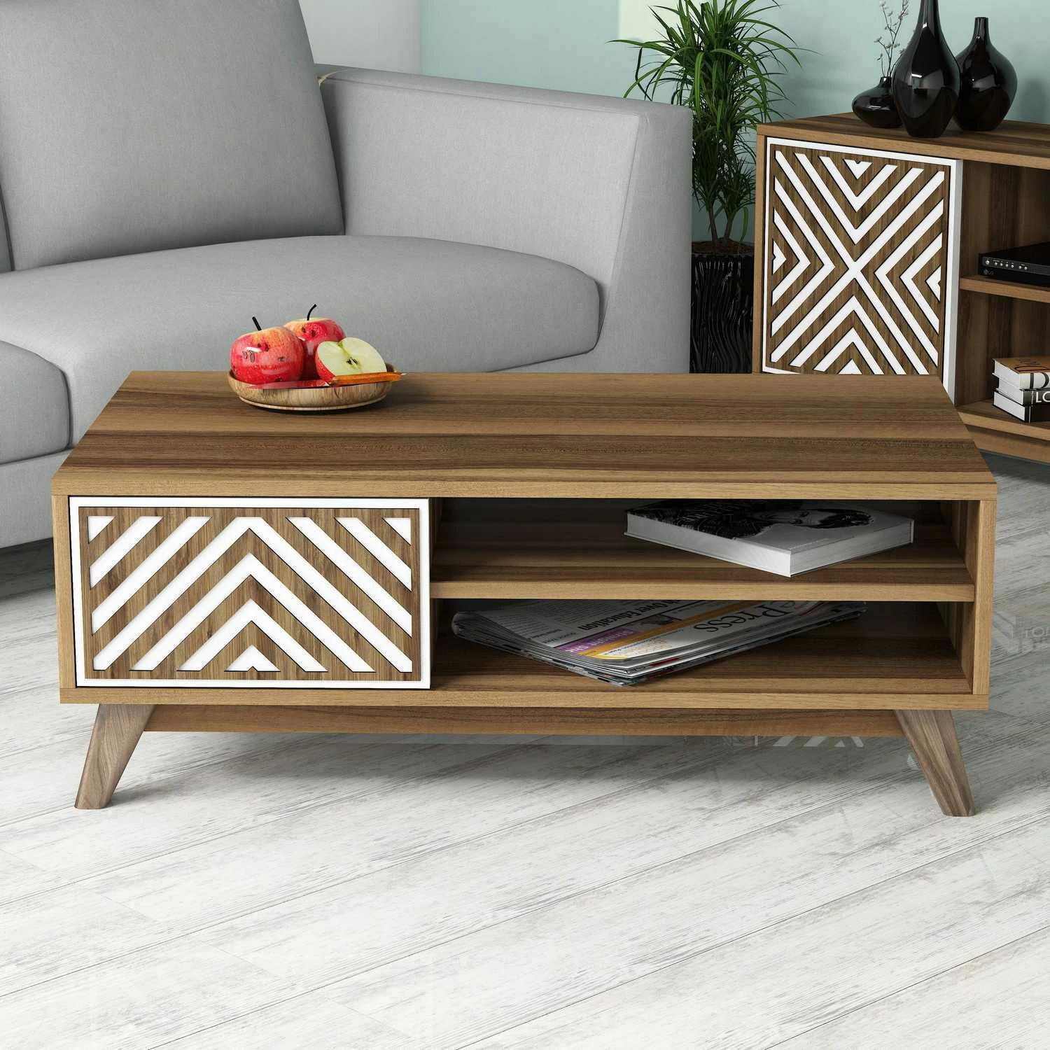Tavolinë kafeje Skye Decor, ngjyrë arre dhe e bardhë, Inci