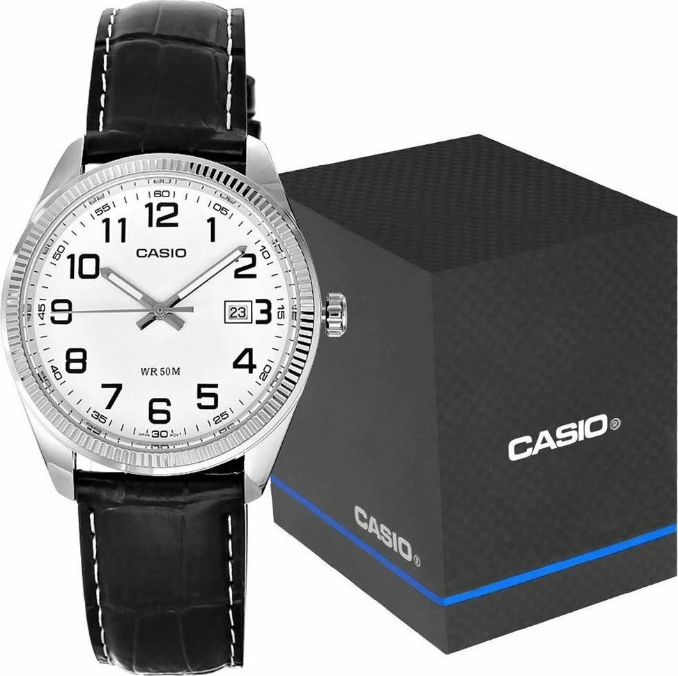 Orë dore Casio MTP-1302PL-7BVEF, kuarc, analog, rezistente në ujë 50 m, rrip lëkure, xham mineral, datë, e zezë/argjend/e bardhë