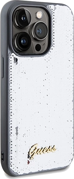 Mbështjellës Guess Sequin Script Metal për iPhone 14 Pro, argjend