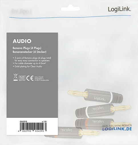 Konektor banana audio LogiLink, për montim vetjak, 4 copë, ari/zi
