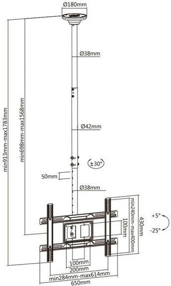 Mbajtëse universale për monitor LED LCD me ekran OLED QLED për montim në tavan 23-100" max. 50 kg Max VESA 600x400