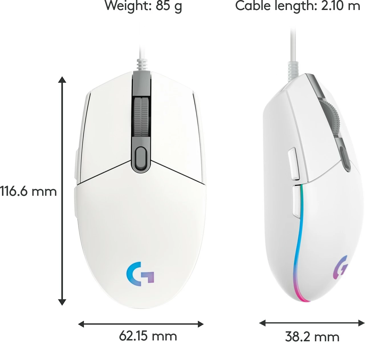 Maus Logitech G G203 LIGHTSYNC, USB Type-A, 8000 DPI, 1 ms, Bardhë