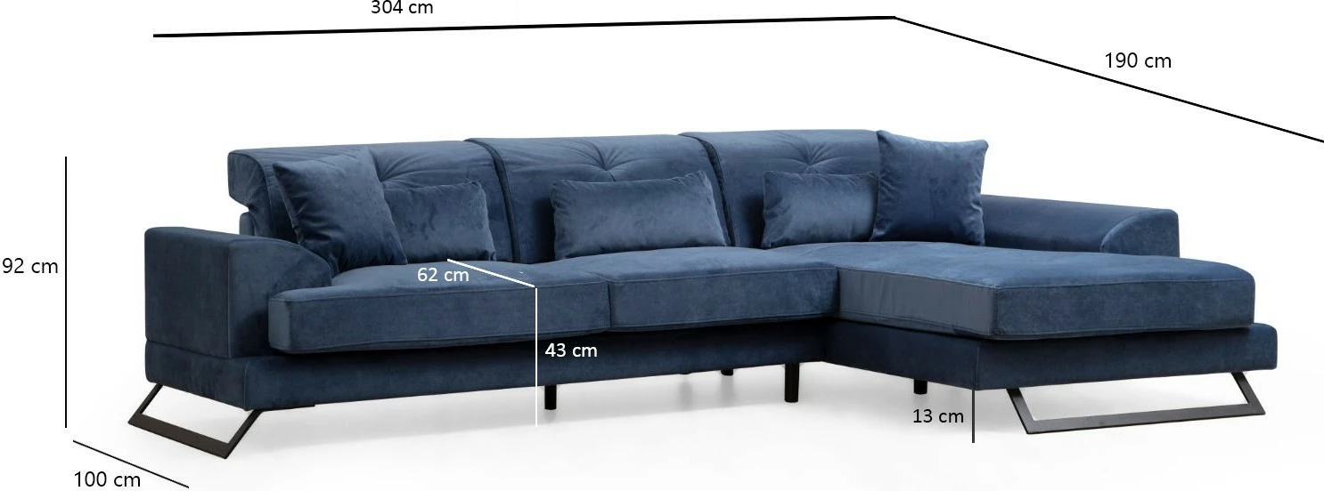 Këndare Frido, ngjyrë blu navy, me 5 jastëkë, mekanizëm shpine të rregullueshëm, 304x190cm