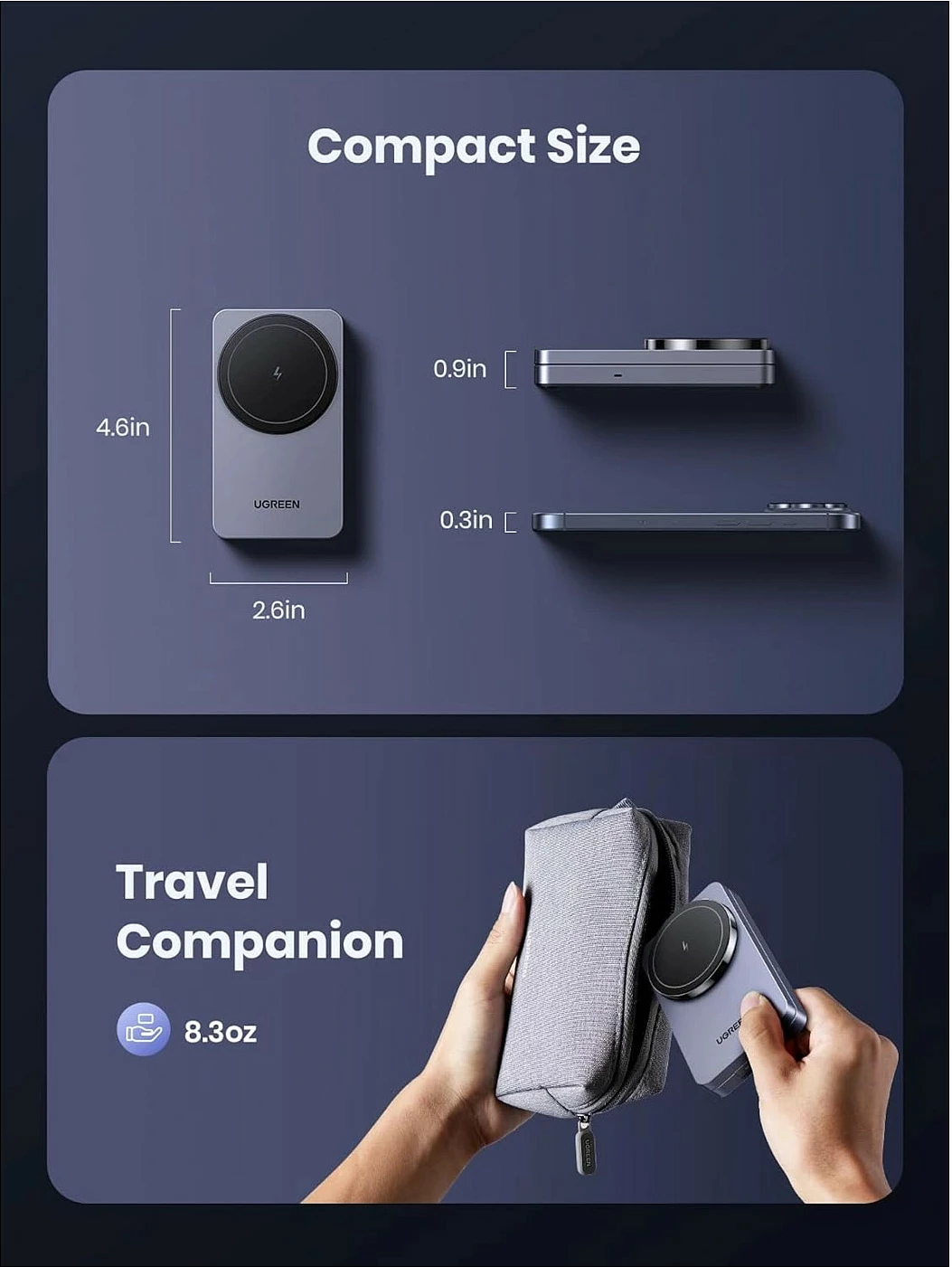 Karikues wireless magnetik Ugreen W528 2-në-1, Qi, i palosshëm, gri