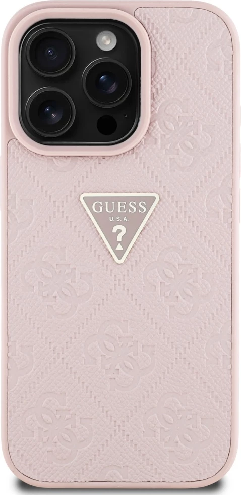 Mbështjellës Guess Hot Stamp 4G Pattern Triangle Metal Logo për iPhone 16 Pro, Rozë
