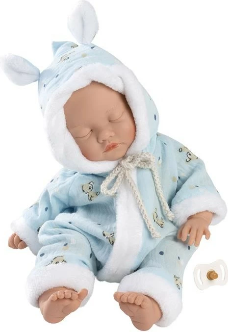 Kukull bebe djalë, Llorens, 63301, 31 cm, gjymtyrë e kokë lëvizëse, me smoc dhe veshje njëpjesëshe, blu