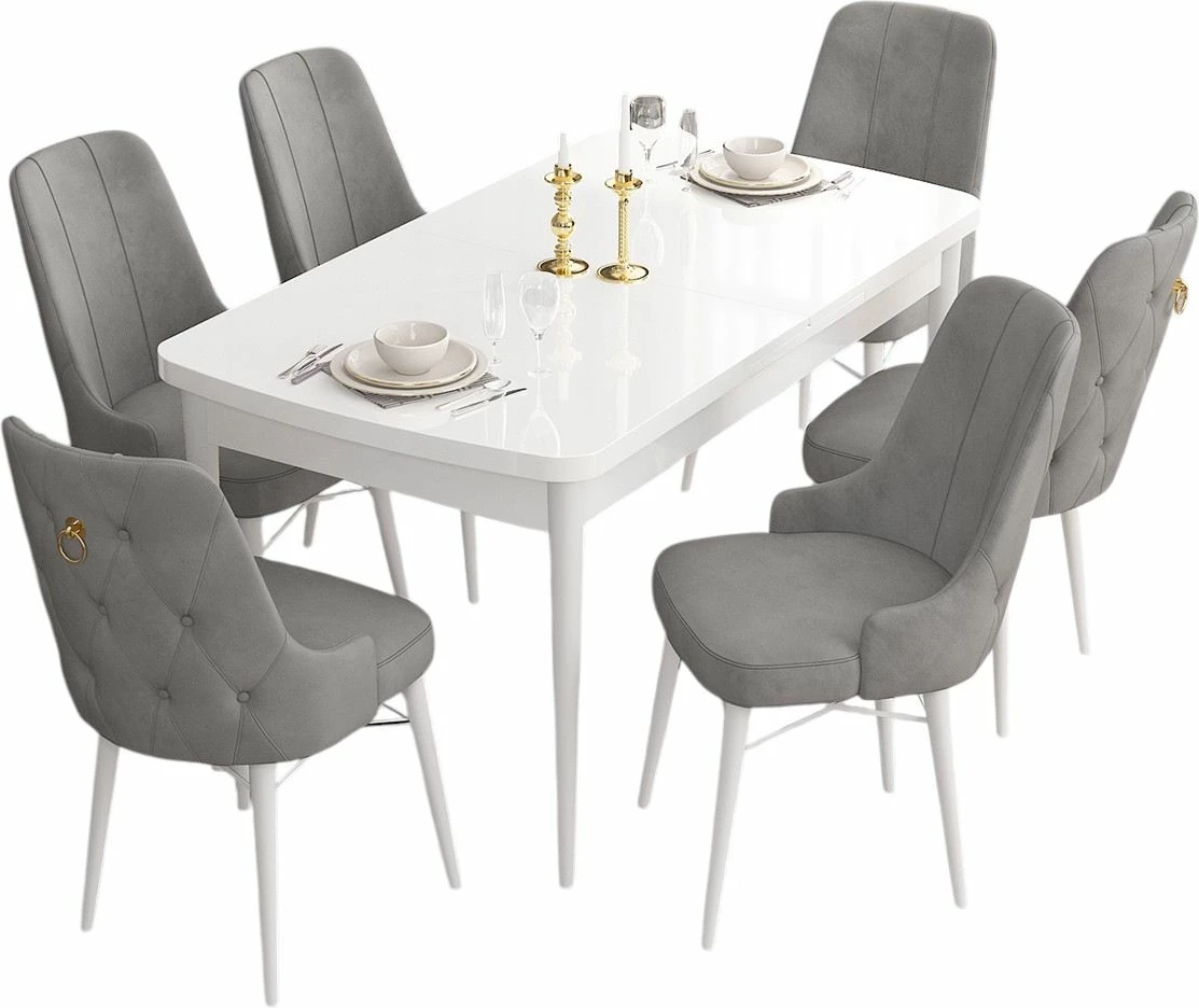 Tavolinë me karrige për ngrënie, zgjatshme, 7 copë, Skye Decor, e bardhë, gri