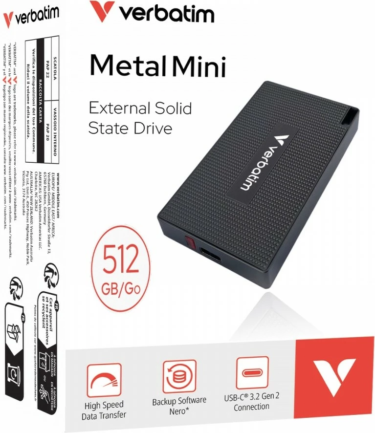 SSD i jashtëm Verbatim Metal Mini 32030 512GB USB-C, i zi, set me kabllo + adapter USB-A