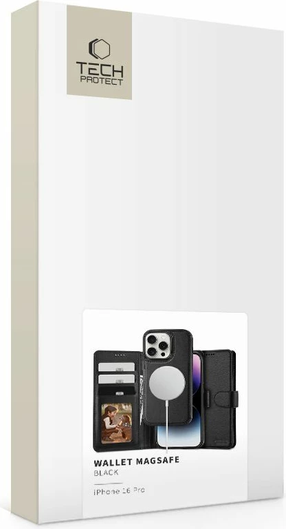 Mbështjellës Tech-Protect Wallet MagSafe për iPhone 16 Pro, eko-lëkurë, i zi