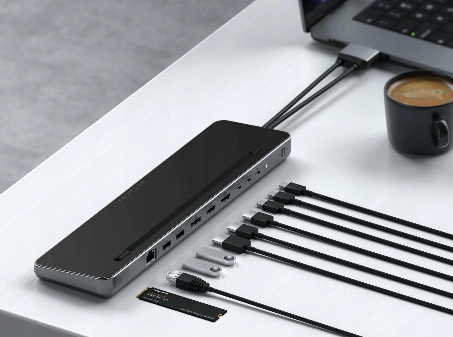 Stacion docking/stand Satechi Dual Dock Stand ST-DDSM, 2x HDMI + DisplayPort, Gigabit Ethernet, slot M.2 NVMe/SATA SSD, PD 75W, zi/argjendtë