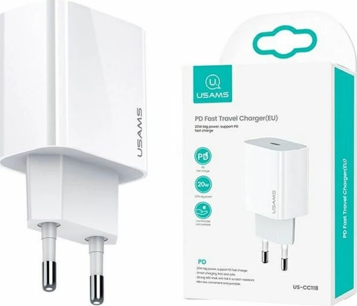 Karikues rrjeti Usams T34 US-CC118 (CC118TC01) USB-C PD 20W 3A, i bardhë, pa kabllo