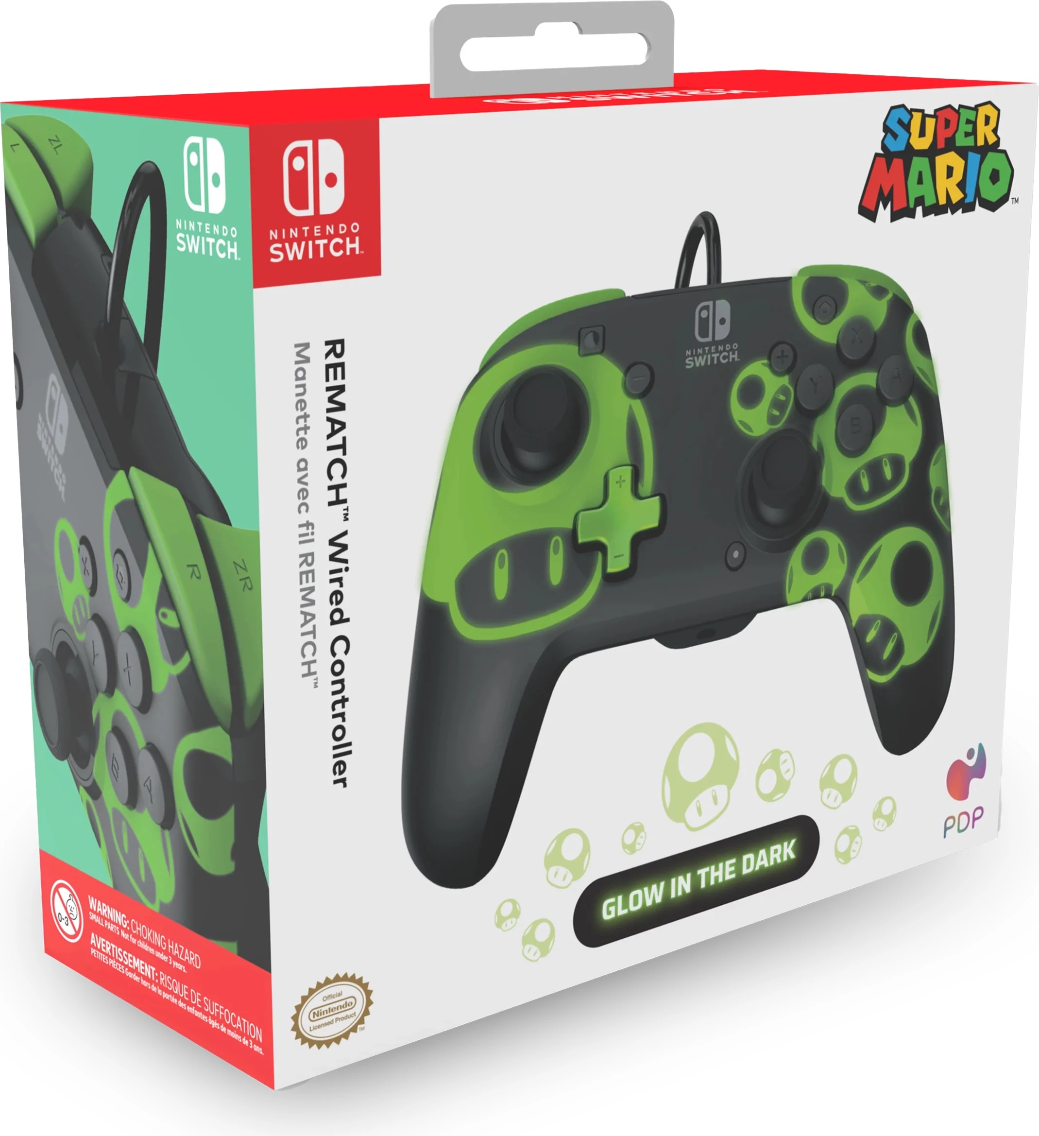 Kontroller i kablluar PDP Rematch Switch 2 & 1 1-Up Glow in the Dark, zi/jeshil