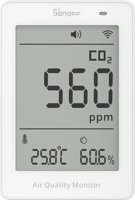 matës cilësie ajri Sonoff AirGuard SAWF-08P, CO2/temperaturë/lagështi, Wi‑Fi, LCD 3.73\", Matter, i bardhë