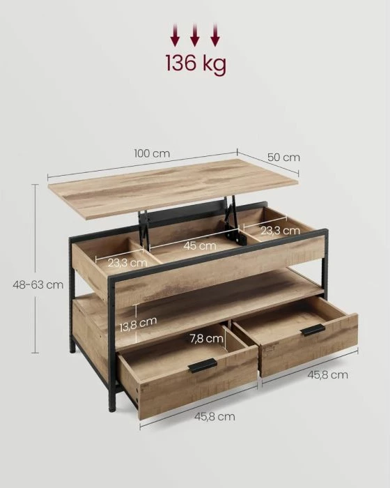 Tavolinë kafeje VASAGLE LCT209K02, 100×50 cm, me kapak ngritës dhe sirtarë, stil industrial, kafe e çelët/zezë