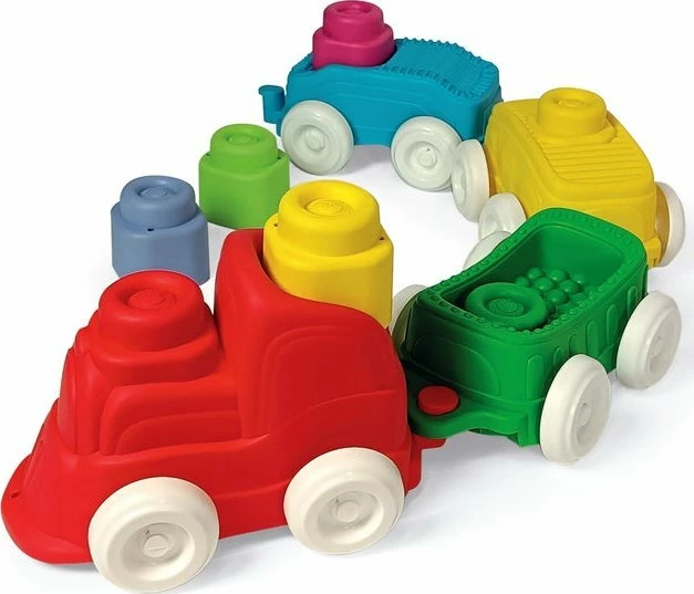 Tren lodër sensorial Clementoni Clemmy Soft Sensory Train, set 1 lokomotivë + 3 vagona + 8 blloqe të buta, shumëngjyrësh