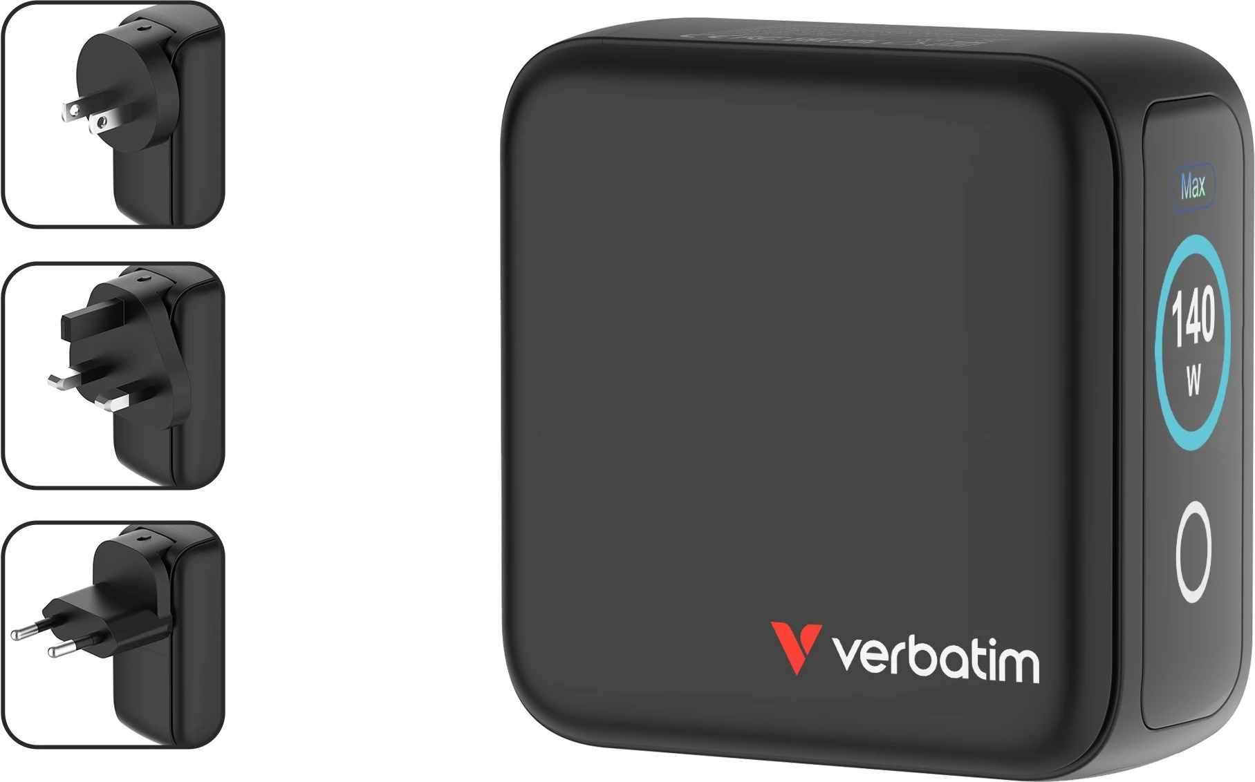 Karikues GaN Verbatim Mini 140W (30240) 3xUSB-C PD/1xUSB-A QC me ekran touch TFT, me priza ndërrueshme EU/UK/USA, i zi