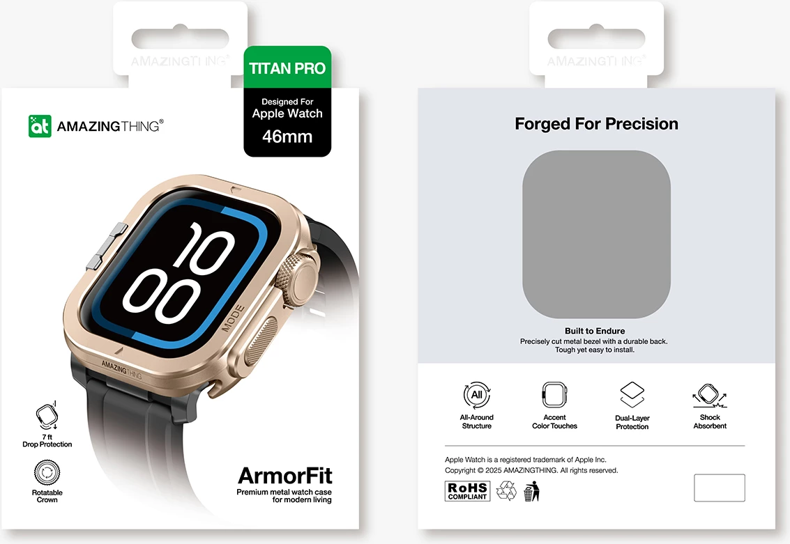 Mbështjellës metalik për smartwatch AmazingThing Titan Pro për Apple Watch 11 46mm, aliazh alumini, montim snap-on, përfundim mat, ari