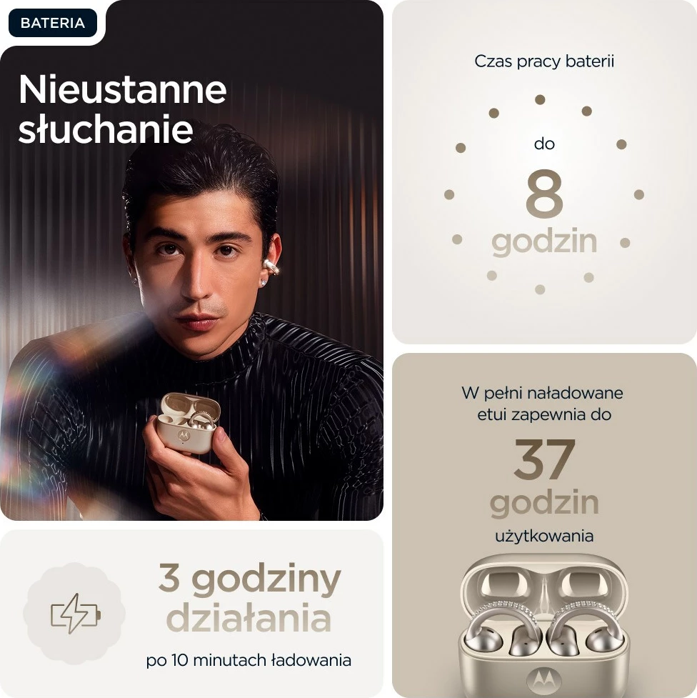 Kufje Motorola moto buds loop, wireless, Bluetooth, me kapëse për vesh, Bezhe