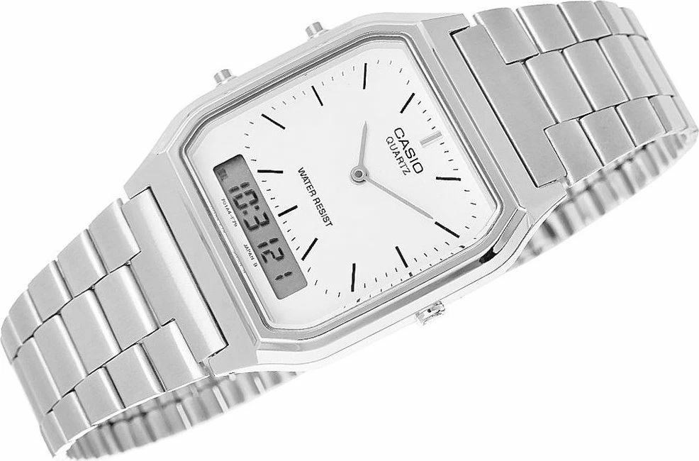 Orë dore Casio AQ-230A-7DMQ analog-digjitale për femra, rrip metalik, 3 BAR, argjend