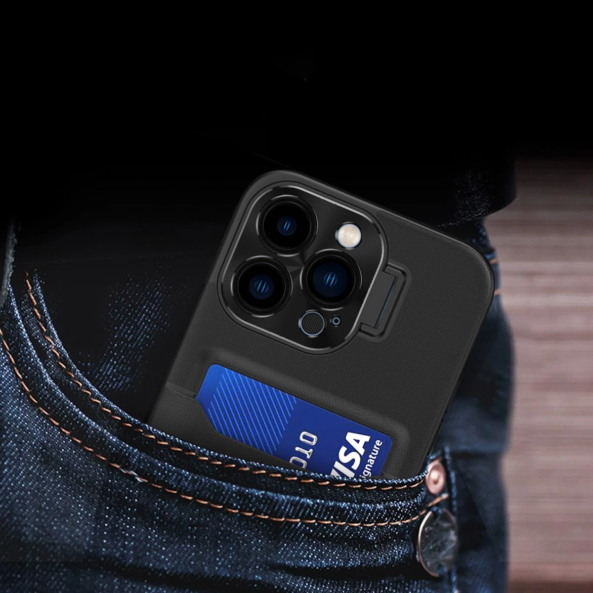 Mbështjellës Hurtel Leather Stand Case për iPhone 14 Pro, me xhep kartelash dhe mbajtëse, e zezë