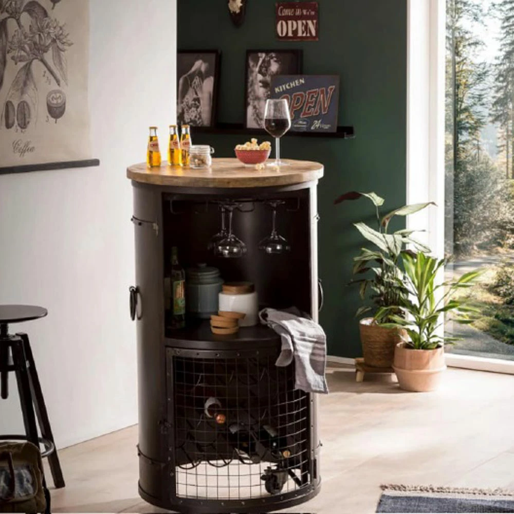 Tavolinë bar Tank, metal gri e errët, dru mango natyral, 65x65x116cm