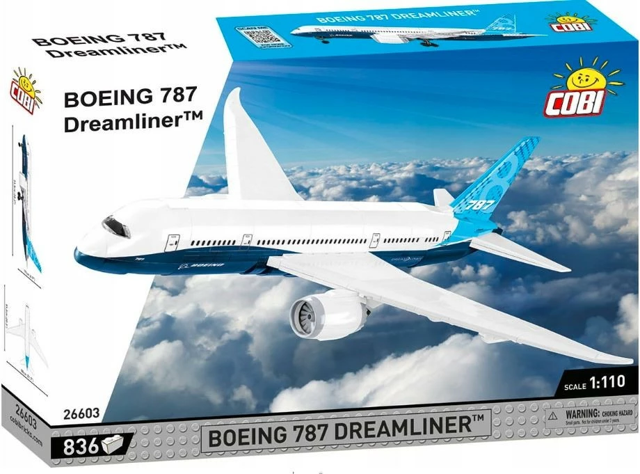 Set blloqesh ndërtimi Cobi Klocki Boeing 787 Dreamliner, 836 pjesë, Blu/Bardhë