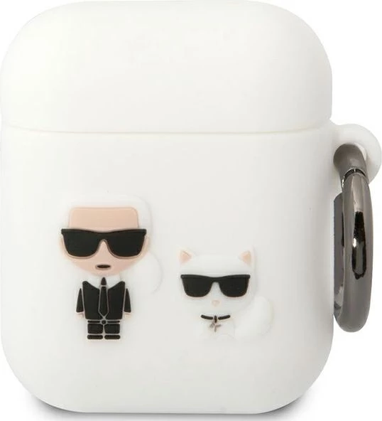 Mbështjellës Karl Lagerfeld për AirPods 1/2, silikon, i bardhë, me unazë