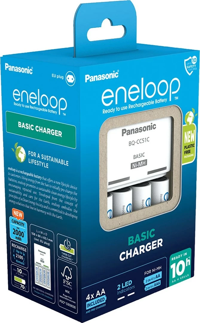 Karikues baterish Panasonic Eneloop Basic BQ-CC51 me 4x AA 2000 mAh, Bardhë