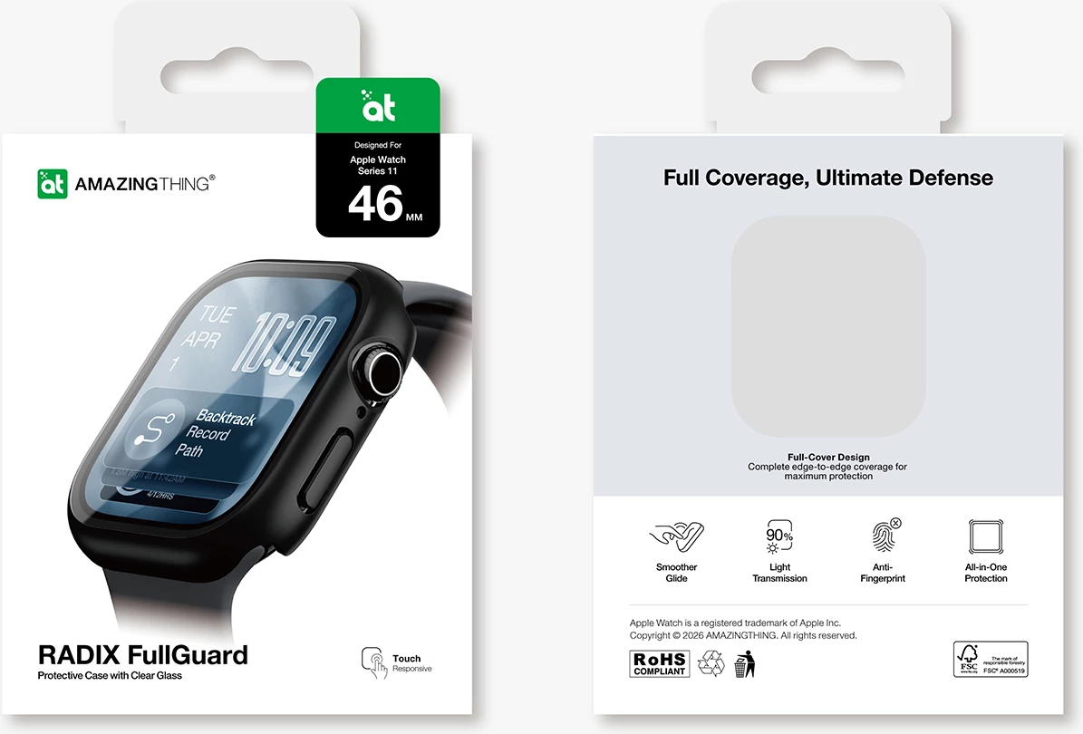 Mbrojtës ekrani me Mbështjellës, AmazingThing Radix FullGuard, për Apple Watch Series 11 46mm, xhami i temperuar 9H, i zi