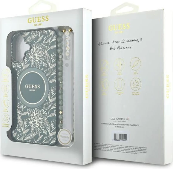 Mbështjellës Guess IML Flowers Allover Electro me pearl strap, për iPhone 16, MagSafe, Gjelbër