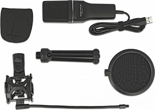 Mikrofon USB kondensator DeLOCK, 16-bit/44.1 kHz, me tripod, shock mount dhe pop filter, i zi