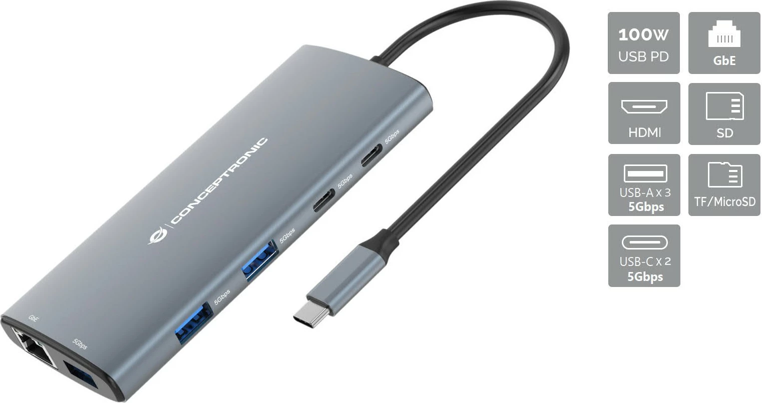 Dock Conceptronic 10-1 USB-C HDMI 2xUSB-C 3xUSB-A 20cm gri