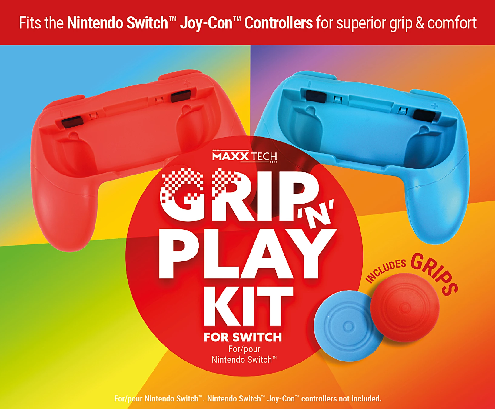 Set gripash për kontrollor MAXX TECH Grip 'n' Play Kit për Nintendo Switch Joy-Con, kuqe/blu (4 copë)