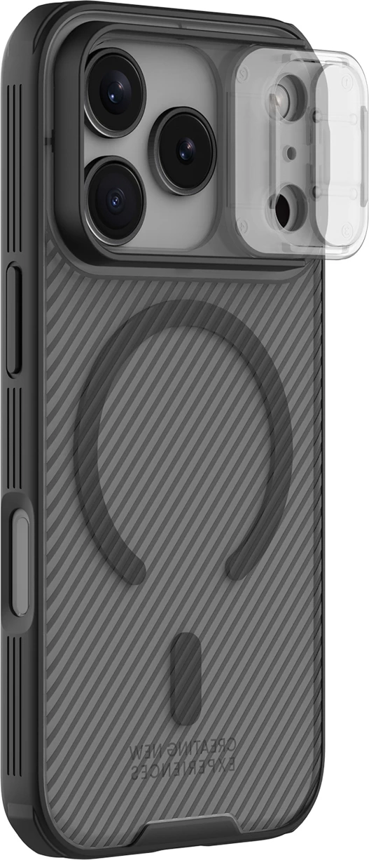 Mbështjellës Nillkin CamShield Pro MagSafe për iPhone 17 Pro Max, PC+TPU, magnet i integruar, kapak rrëshqitës i kamerës, transparent black