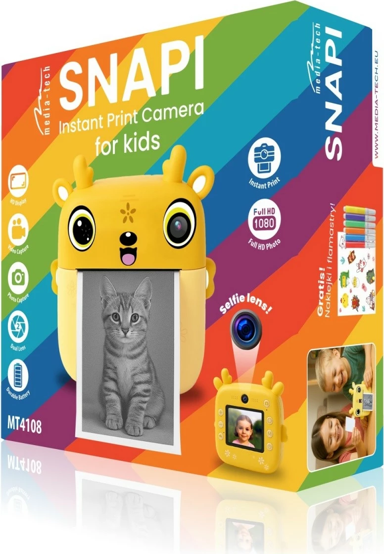 Aparat fotografik për fëmijë me printer termik, Media‑Tech SNAPI MT4108, ekran 2.4", foto deri 8 MP, video 1080p, microSD, USB‑C, bateri 1000 mAh, set me 3 role letre + flomastera e ngjitëse, verdhë