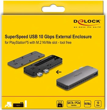 Kasë për SSD DeLOCK USB 3.2 Gen 2, M.2 NVMe/SATA, për PlayStation 5, e zezë