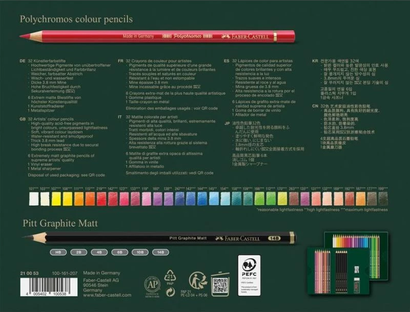 set lapsash me ngjyra Faber-Castell Polychromos FC-210053, 32 lapsa ngjyra + 6 Pitt Graphite Matt, shumëngjyrësh, set 38 copë
