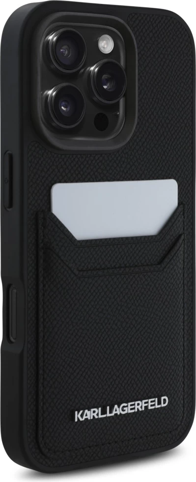 Mbështjellës Karl Lagerfeld HC Grained PU Cardslot Metal Elong për iPhone 16 Pro Max, e zezë