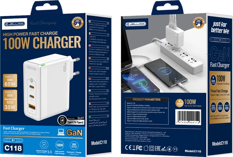 Adapter karikimi shtëpie Jellico C118 100W GaN, 2x USB-C + 1x USB-A, me kabllo USB-C në USB-C, i bardhë (EU blister)