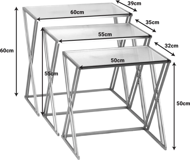 Set tavolinash për kafe, 3 copë, metal-ari, xham