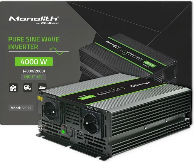 Konvertues voltazhi Qoltec Monolith 51935, 2000W/4000W, 12V në 230V, Pure Sine Wave, Grafit