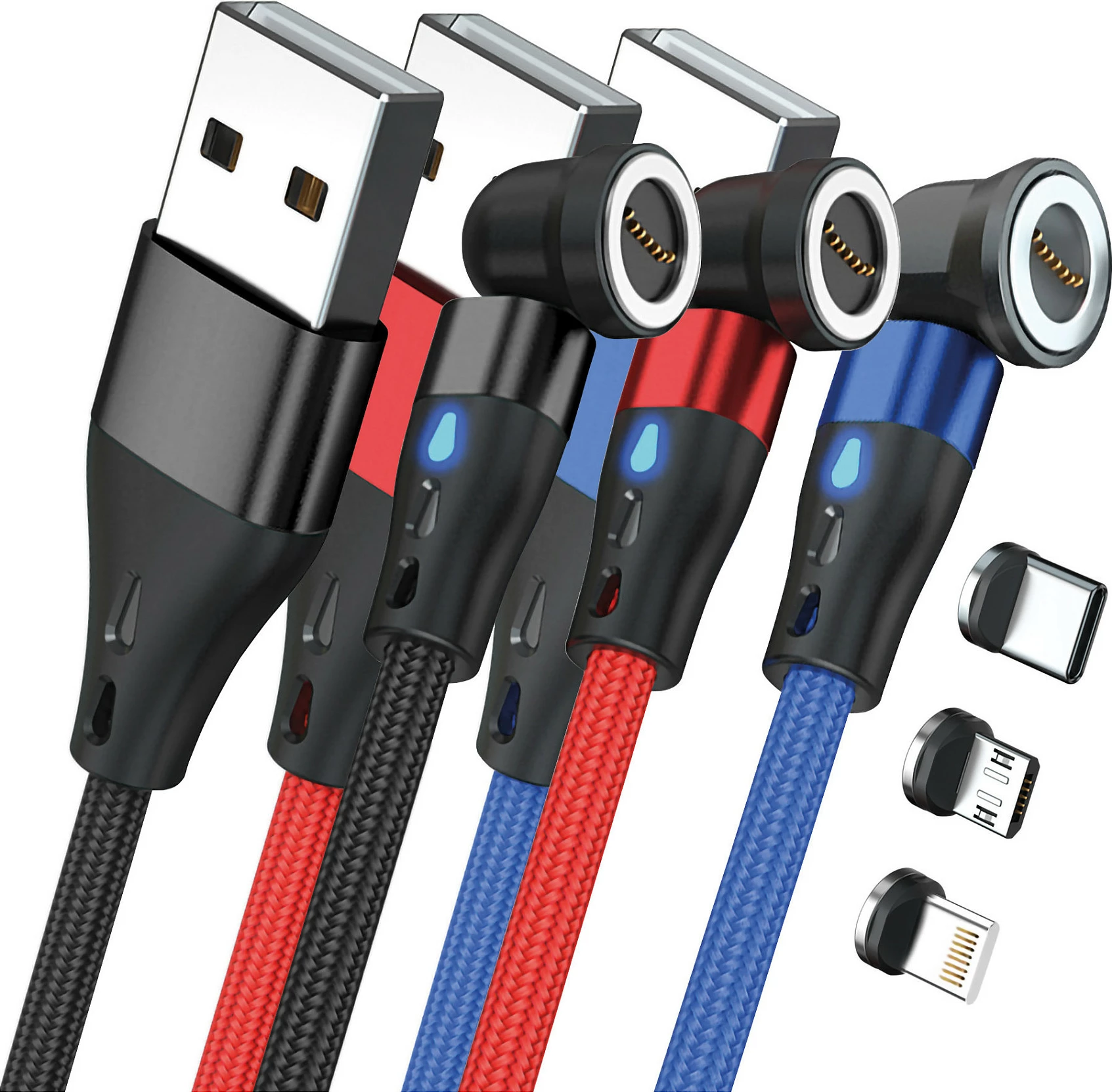 Kabllo magnetike RealPower 3A Set 1m, USB-A me adaptera, 3 copë, e zezë/kuqe/kaltër